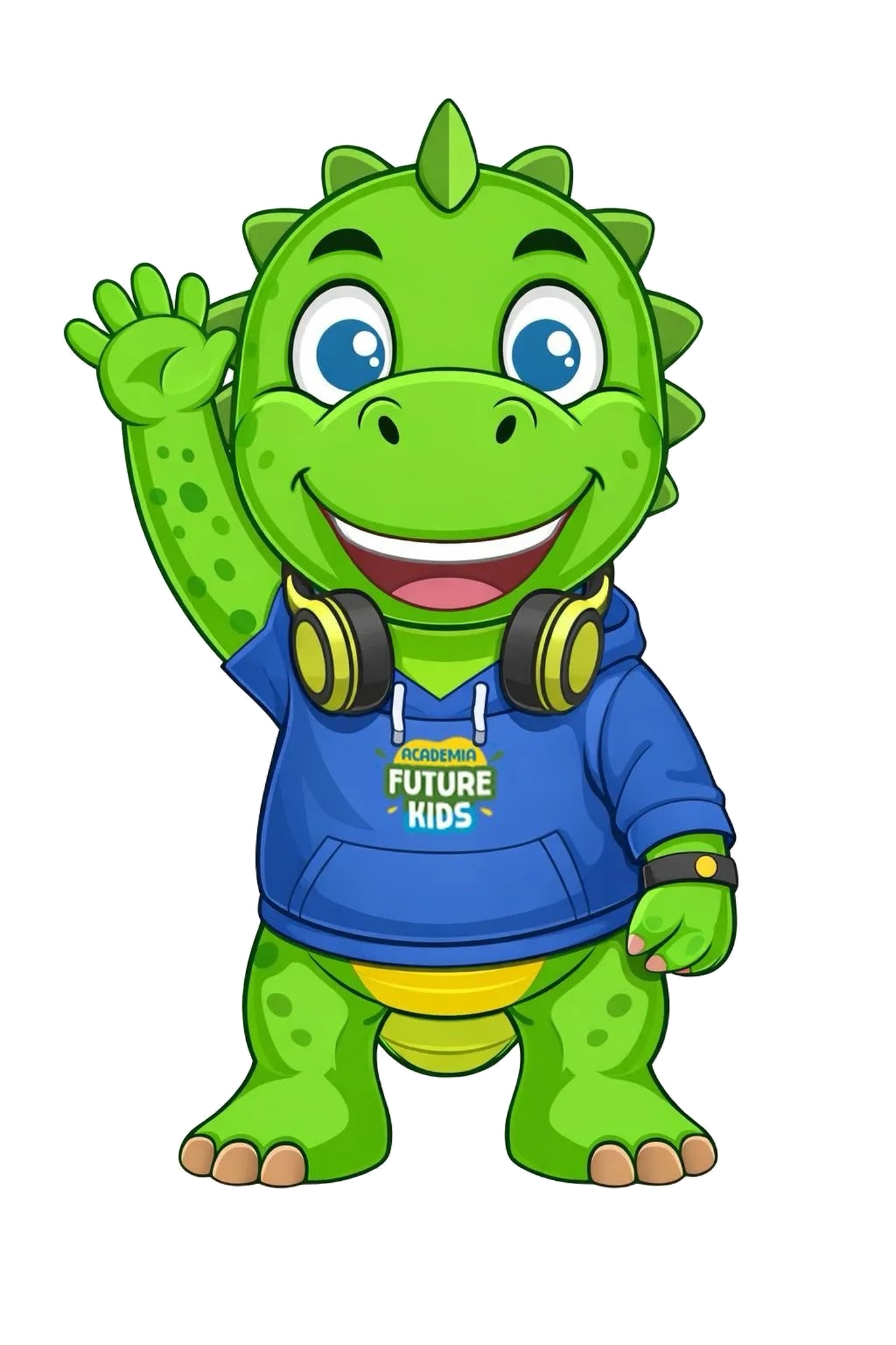 Mascote verde da Tecnoescola a acenar